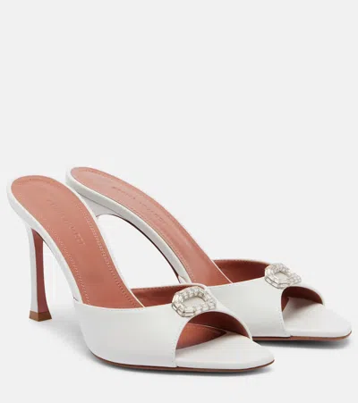 Amina Muaddi Mini Camelia Embellished Leather Mules In White