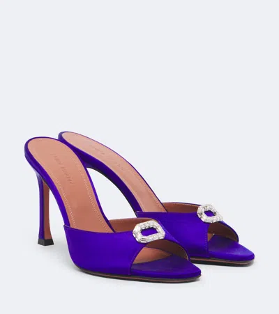 Amina Muaddi Mini Camelia Embellished Satin Mules In Blue