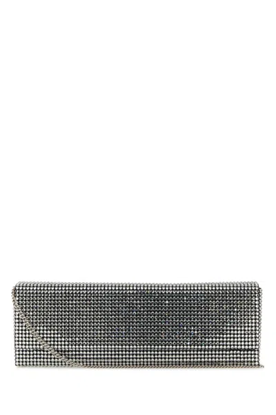 Amina Muaddi Mini Embellished Satin Clutch With Shoulder Strap In Silver