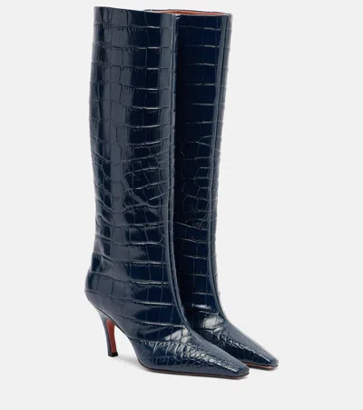 Amina Muaddi Mona Croc-effect Leather Knee-high Boots In Blue