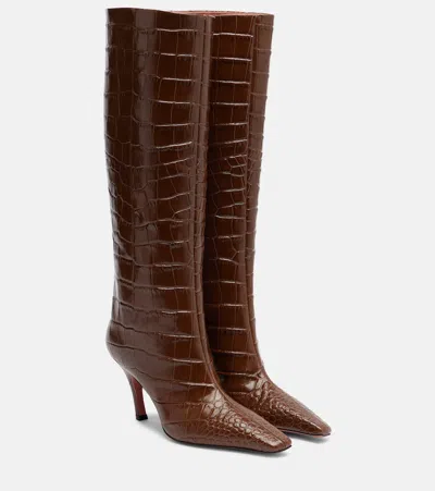 Amina Muaddi Mona Croc-effect Leather Knee-high Boots In Brown