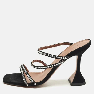 Pre-owned Amina Muaddi Naima Crystal Embellished Size 37.5 Black Suede Slide Sandals