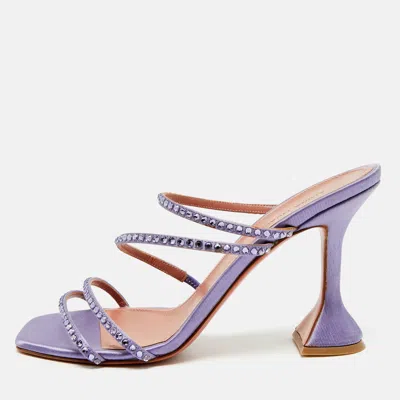 Pre-owned Amina Muaddi Naima Size 38.5 Purple Satin Crystal Embellished Slide Sandals