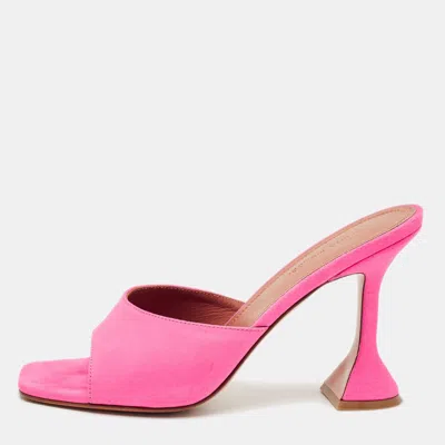 Amina Muaddi Neon Pink Suede Lupita Slide Sandals