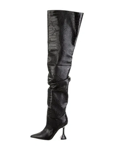 Pre-owned Amina Muaddi Olivia Embossed Leather Boots In Black