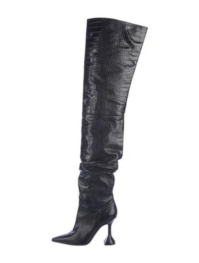 Pre-owned Amina Muaddi Olivia Embossed Leather Boots In Blue