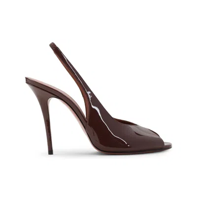 Amina Muaddi Open-toe Brown Patent Leather Stiletto Pumps