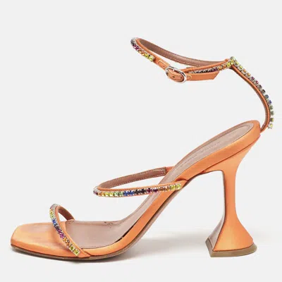 Pre-owned Amina Muaddi Orange Satin Rainbow Crystal Gilda Ankle Strap Sandals Size 38