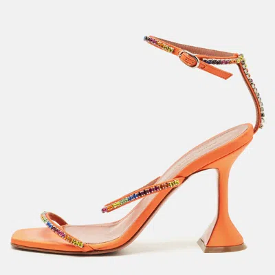 Pre-owned Amina Muaddi Orange Satin Rainbow Crystal Gilda Ankle Strap Sandals Size 38