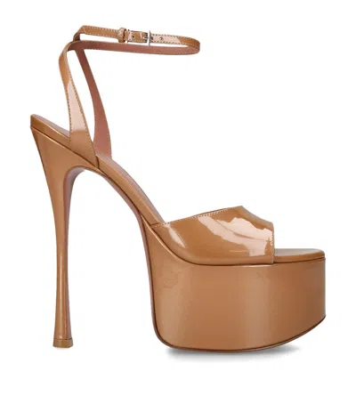 Amina Muaddi Patent Leather Aya Platform Heeled Sandals 155 In Brown