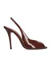 Amina Muaddi Open-toe Brown Patent Leather Stiletto Pumps In Brown