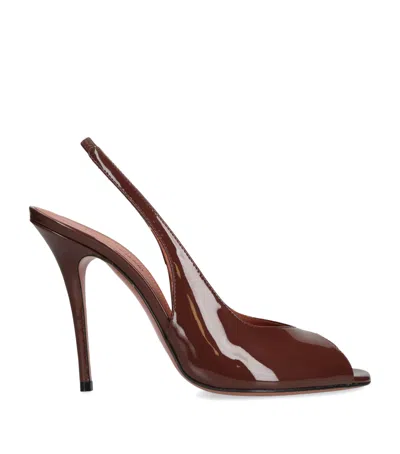 Amina Muaddi Open-toe Brown Patent Leather Stiletto Pumps