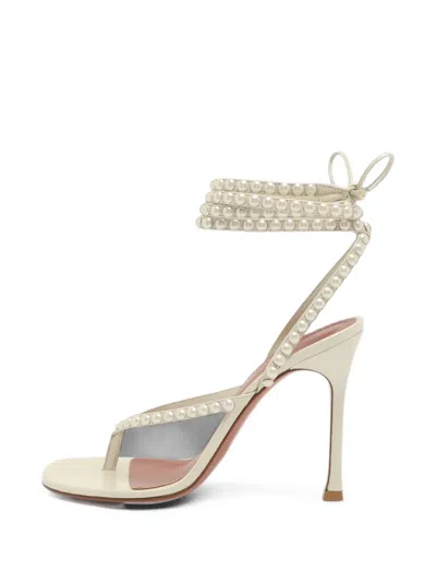 Pre-owned Amina Muaddi Pearl-embellished Ankle-strap Sandals In White