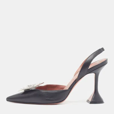 Pre-owned Amina Muaddi Phoenix Size 39 Black Leather Slingback Pumps