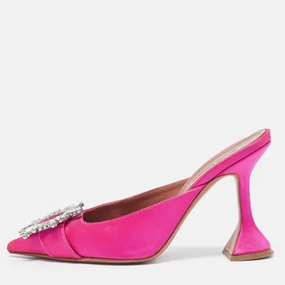 Pre-owned Amina Muaddi Pink Satin Begum Crystal Embellished Mules Size 36.5
