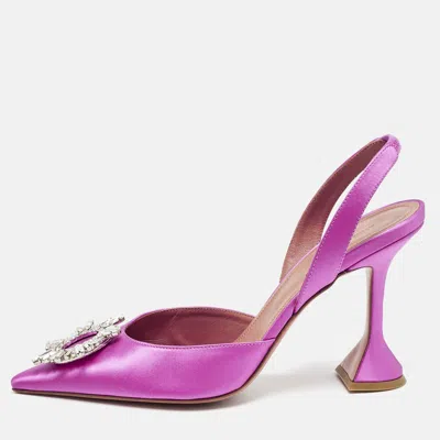 Pre-owned Amina Muaddi Pink Satin Begum Crystal Embellished Slingback Pumps Size 41