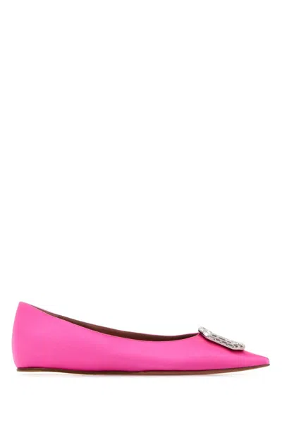 AMINA MUADDI PINK SATIN CAMELIA BALLET FLATS