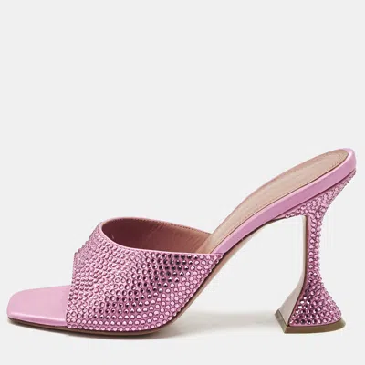 Pre-owned Amina Muaddi Pink Satin Crystal Embellished Lupita Slide Sandals Size 38 In Purple