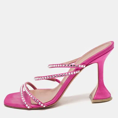 Pre-owned Amina Muaddi Pink Satin Naima Crystals Slide Sandals Size 38.5