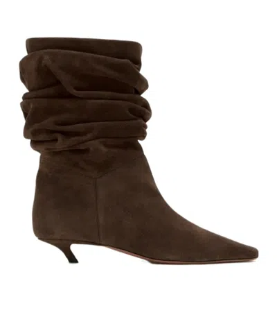 Amina Muaddi Pleated Pointed-toe Boots In Brown