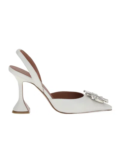 Amina Muaddi Begum Sling 70 Crystal Embellished White Leather Pumps