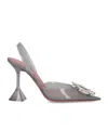 Amina Muaddi Lily Crystal Flower Denim Slide Sandals In Gray