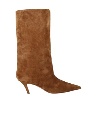 Amina Muaddi 60mm Fiona Pointed-toe Suede Boots In Brown