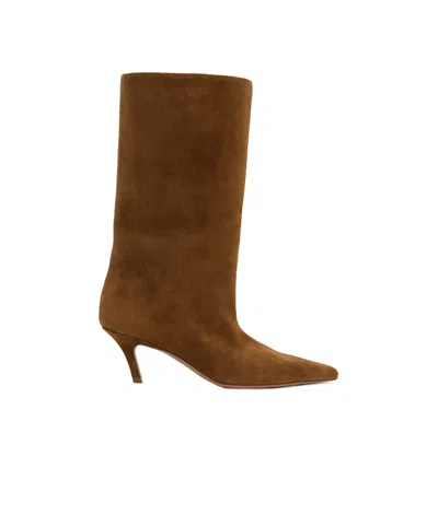 Amina Muaddi Pointed Short Boots In Brown