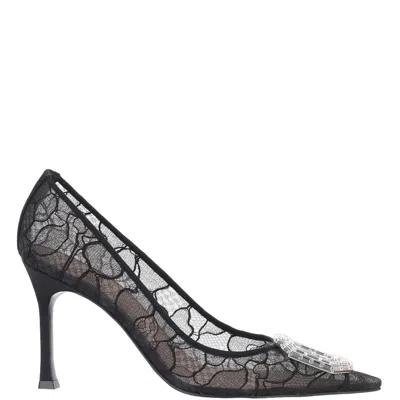 Amina Muaddi Pointed Toe Pumps With Sheer Lace Overlay And Crystal Buckle In Black