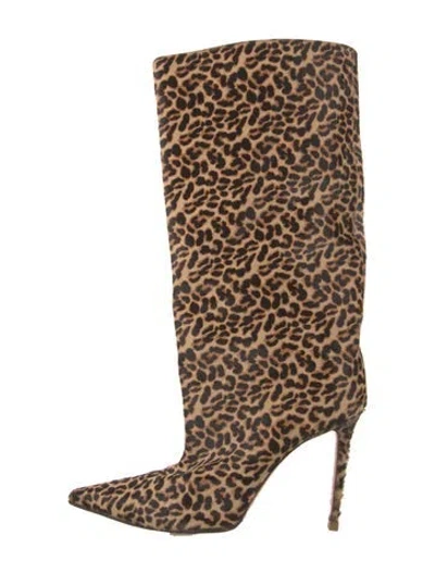Pre-owned Amina Muaddi Ponyhair Animal Print Boots In Brown
