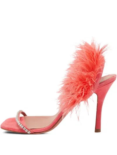 Pre-owned Amina Muaddi  110mm Adwoa Feather-embellished Satin Sandals