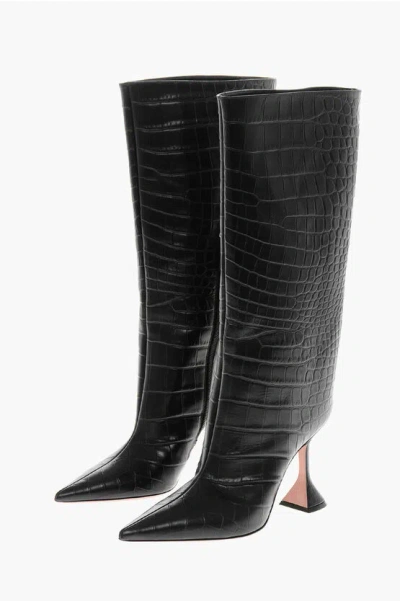 Amina Muaddi Printed Leather Under The Knee Boots With Crocodile Effect 1 In Black