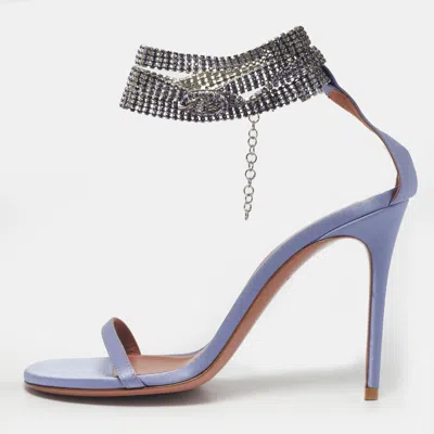 Pre-owned Amina Muaddi Purple Satin Crystal Embellished Giorgia Sandals Size 36.5