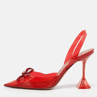 Amina Muaddi Red Pvc Rosie Crystal Embellished Bow Slingback Pumps