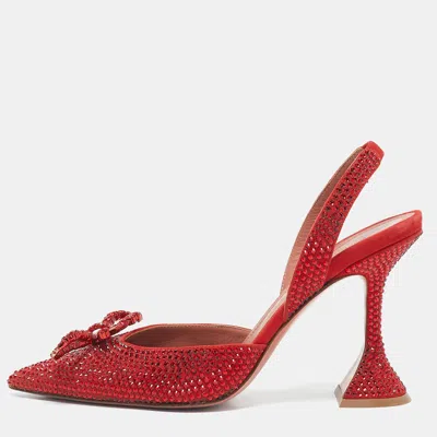 Pre-owned Amina Muaddi Red Suede Crystal Embellished Rosie Slingback Pumps Size 36.5