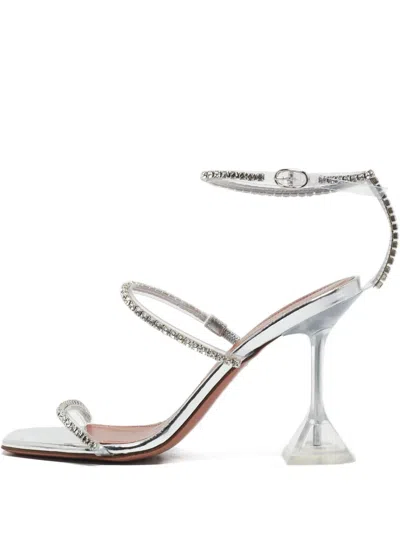 Pre-owned Amina Muaddi Rhinestone Strap Sandals In Silver