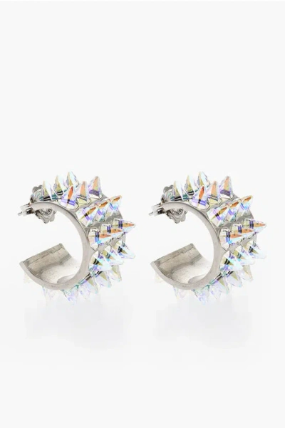 Amina Muaddi Rhinestoned Studs Karma Hoop Earrings In Silver