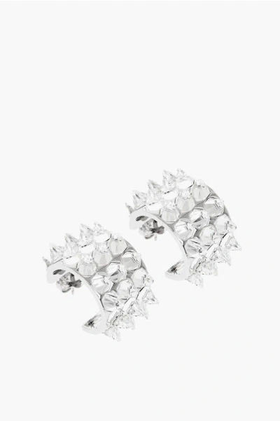Amina Muaddi Rhinestoned Studs Karma Hoop Earrings In Silver