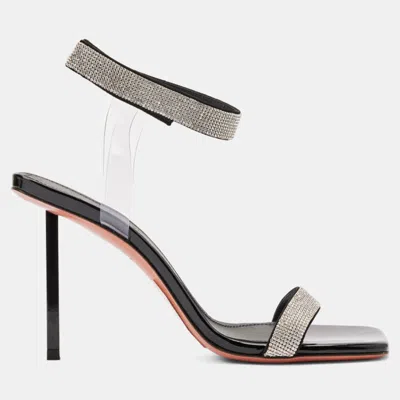 Pre-owned Amina Muaddi Rih Black Patent White Crystal Mesh Black Lacquer Metal Heel 95 Mm Eu 39