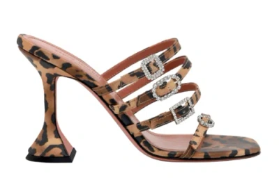 Pre-owned Amina Muaddi Robyn Slipper Satin Leopard Crystal Backless Sandal Heel Pump 41 In Black