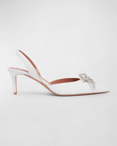 Amina Muaddi Rosie Leather Crystal Bow Slingback Pumps In White
