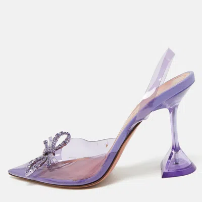 Pre-owned Amina Muaddi Rosie Size 38 Purple Pvc Crystal Embellished Bow Slingback Pumps