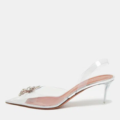 Pre-owned Amina Muaddi Rosie Size 38.5 Transparent Pvc Crystal Embellished Slingback Pumps