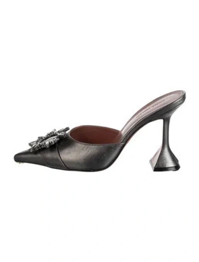 Pre-owned Amina Muaddi Satin Crystal Embellishments Mules In Gray
