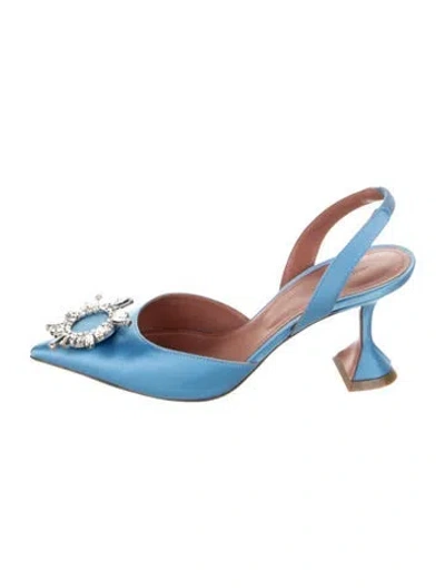 Pre-owned Amina Muaddi Satin Crystal Embellishments Slingback Pumps In Blue