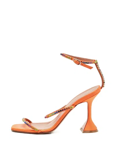 Pre-owned Amina Muaddi Satin Crystal Sandals In Orange