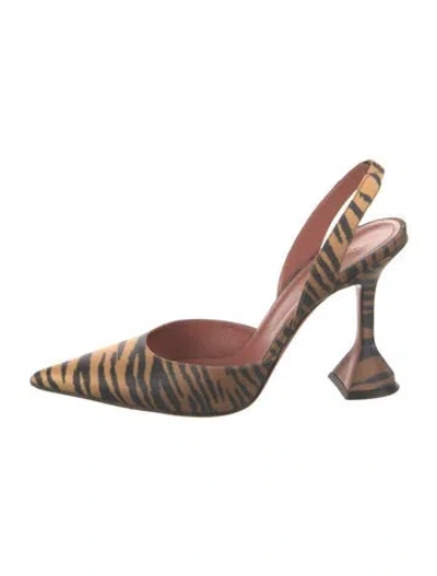 Pre-owned Amina Muaddi Satin Printed Slingback Pumps In Brown