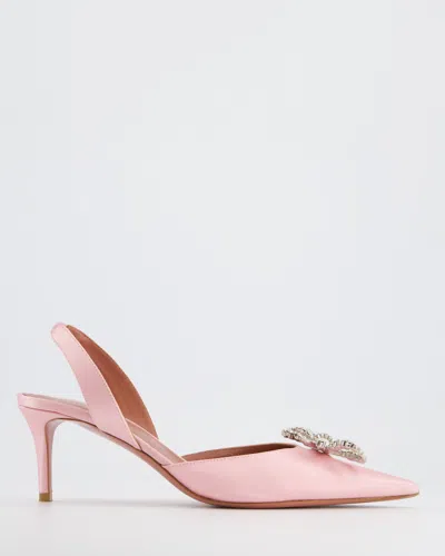 Amina Muaddi Satin Rosie Pointed Toe Sling Back Pumps With Crystal Ribbon Embellishment In Pink