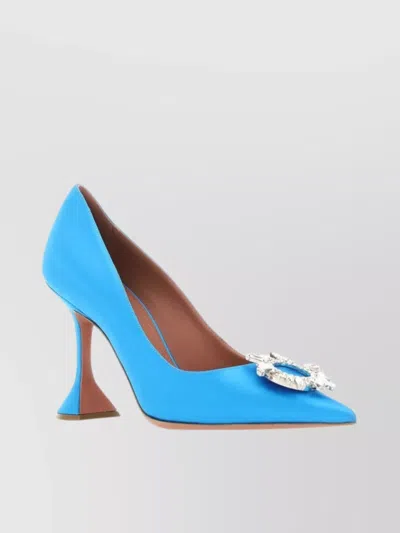 Amina Muaddi Sculpted Heel Pointed Toe Satin Pump In Blue