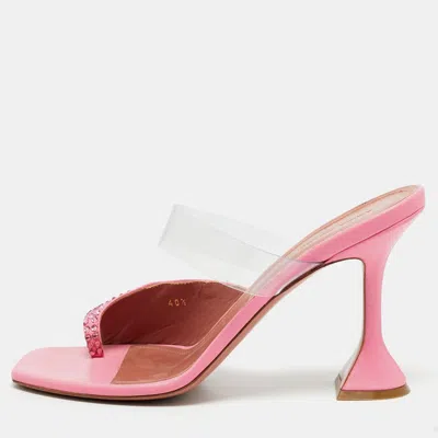 Pre-owned Amina Muaddi Shiona 95 Size 40.5 Pink/transparent Leather And Pvc Crystal Embellished Slide Sandals